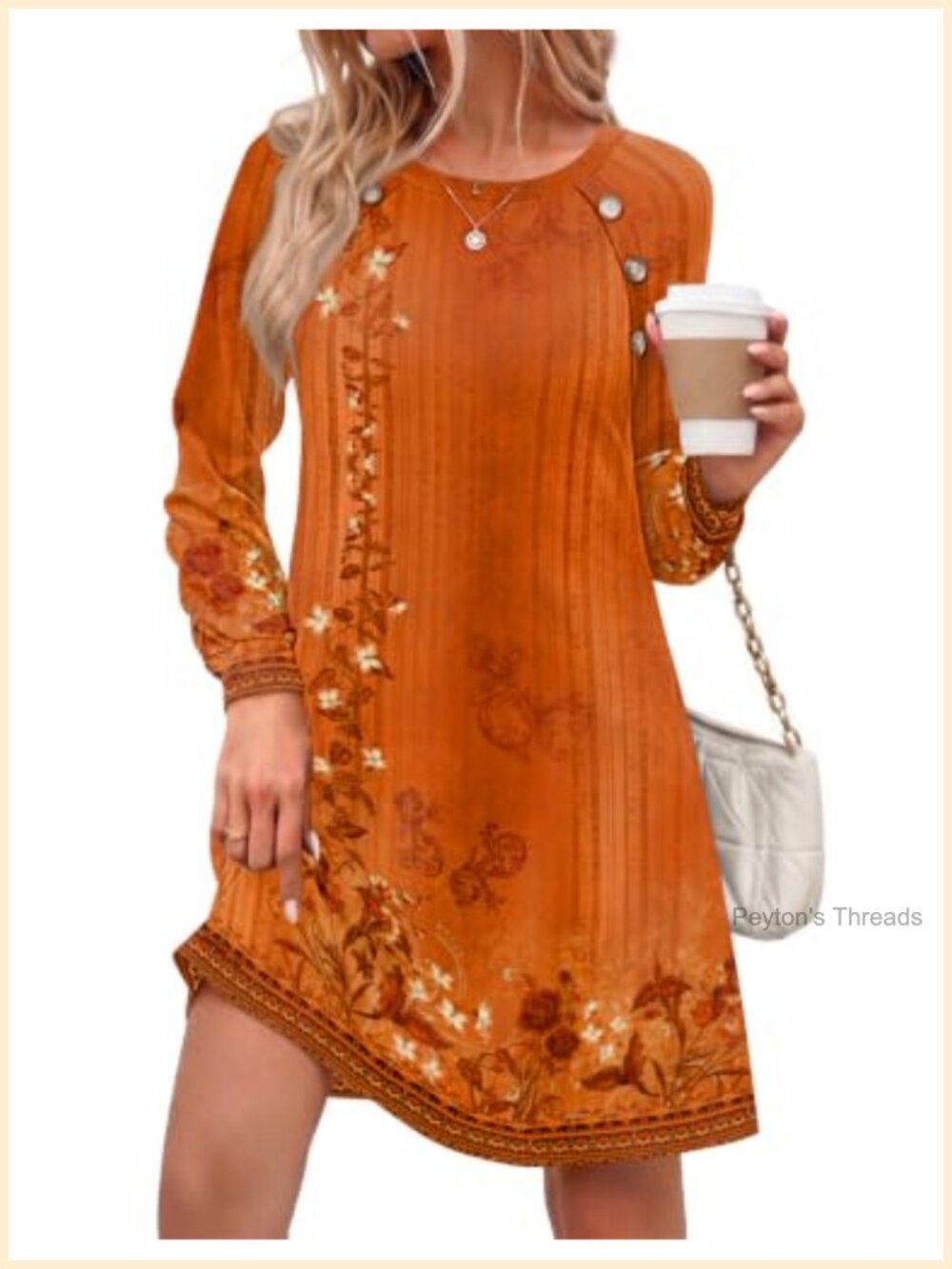 Long Sleeve Tunic Dress Side Button Crew Neck Flowy A-Line Mini with Pockets